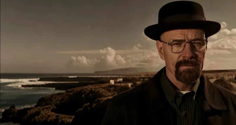 Walter White en Heisenberg, chapeau et lunettes, face au paysage dans Breaking Bad