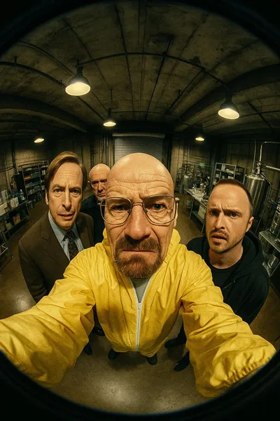 Walter White en combinaison jaune entouré de Saul, Mike et Jesse, univers Breaking Bad