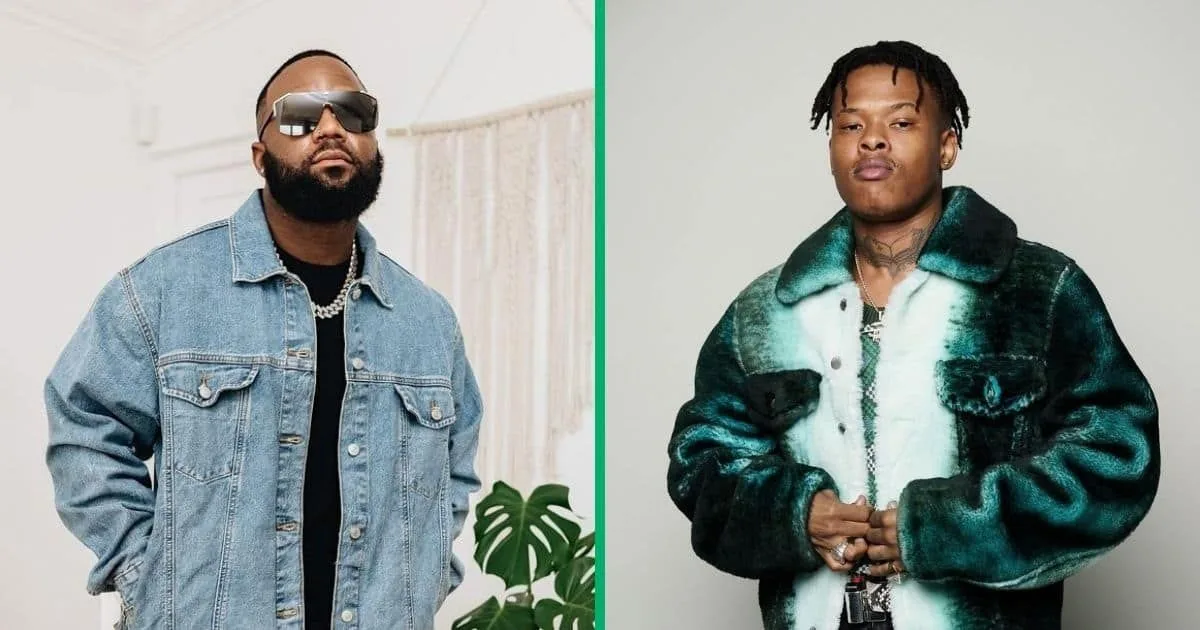 Diptyque de Cassper Nyovest en veste en jean à gauche et Nasty C en veste verte à droite