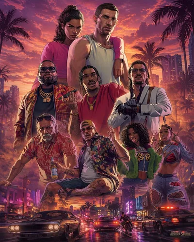 Illustration façon affiche GTA 6 réunissant Jason, Lucia et le casting de Vice City
