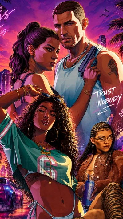 Illustration façon affiche GTA 6 avec Jason, Lucia et le mot d'ordre Trust Nobody