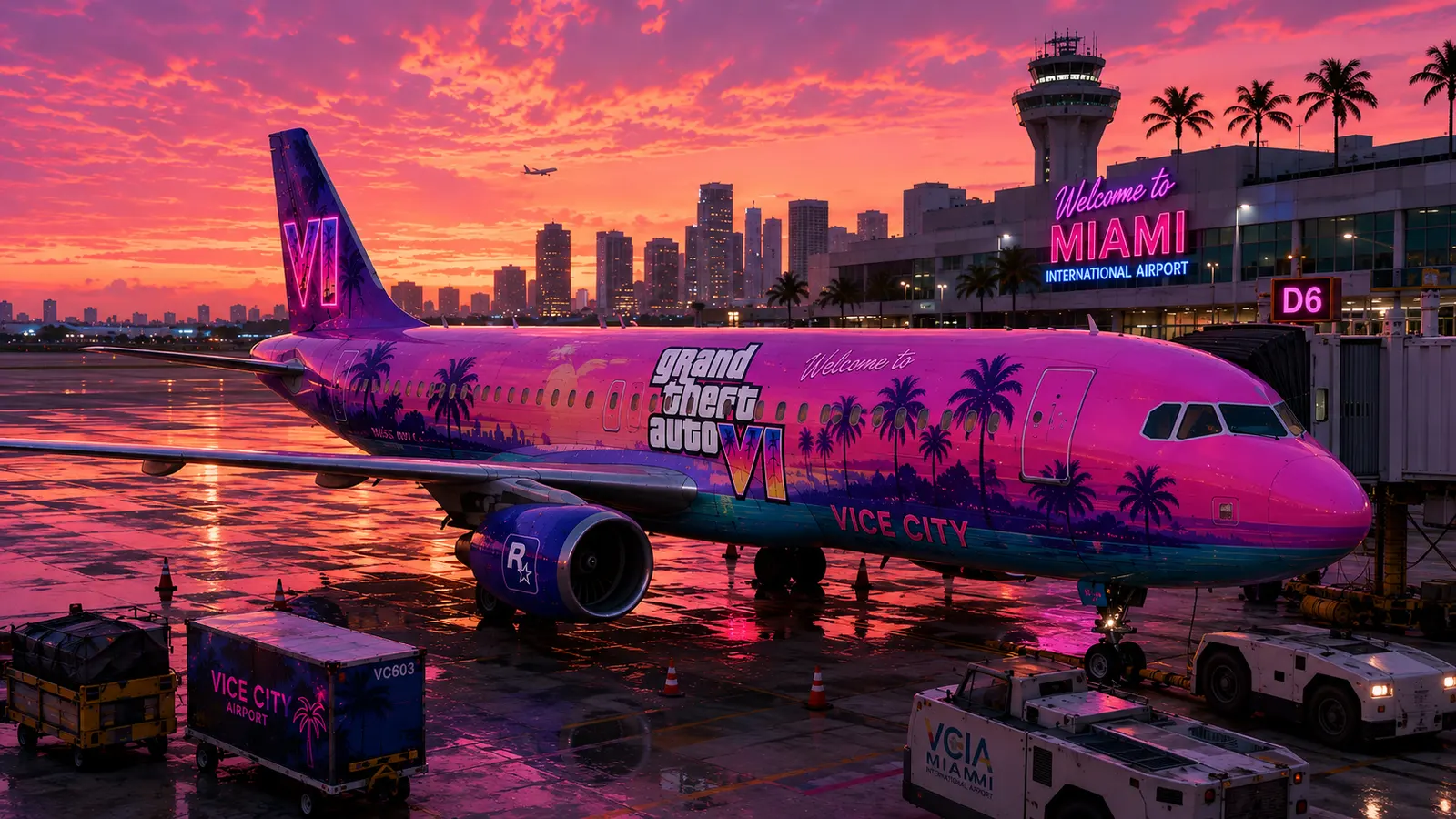 Avion aux couleurs de GTA 6 Vice City devant l'aéroport international de Miami