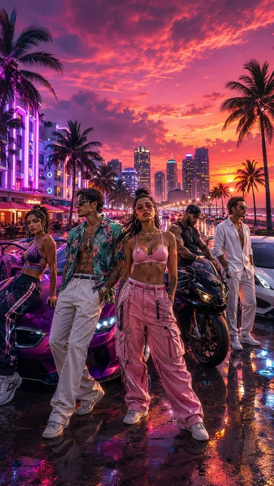 Illustration d'un groupe façon Vice City devant des sportives au coucher de soleil