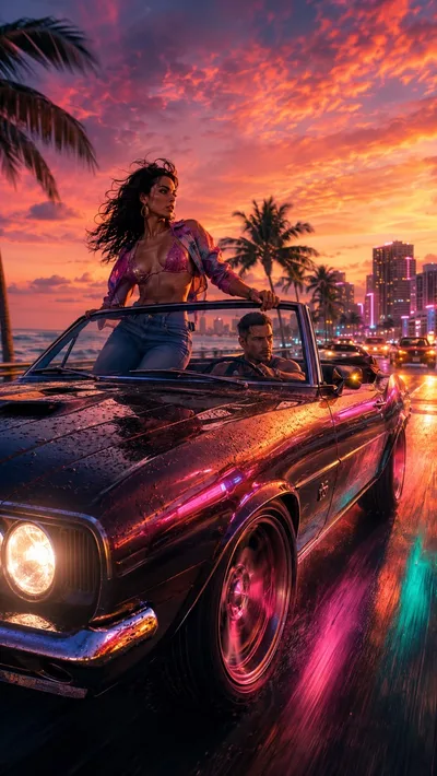 Illustration d'un duo en décapotable sur le front de mer de Miami au crépuscule