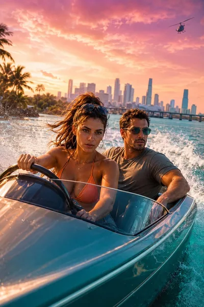 Illustration d'un duo à bord d'un hors-bord devant la skyline de Miami