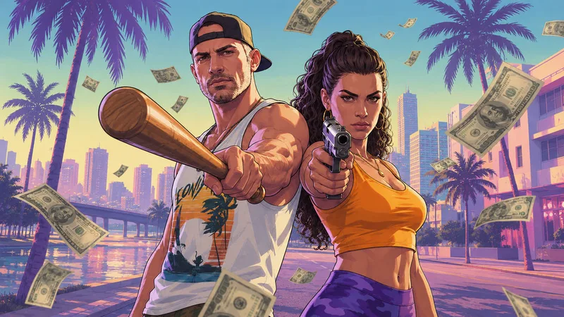 Illustration de Jason et Lucia dans une ambiance criminelle, univers GTA 6