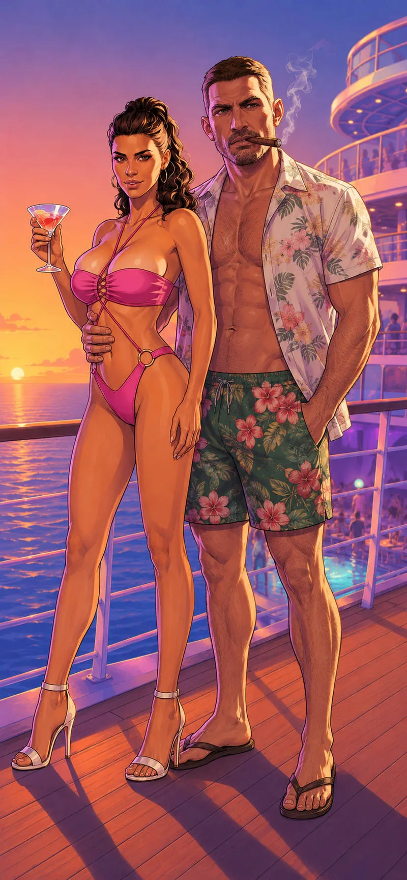 Illustration de Jason et Lucia dans un moment de détente, univers GTA 6