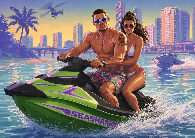 Illustration d'une course-poursuite en voiture entre Jason et Lucia dans GTA 6