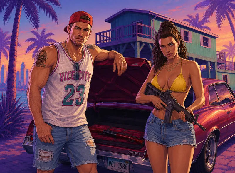 Illustration de Jason et Lucia se préparant, univers GTA 6