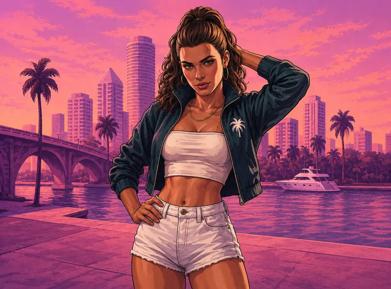 Illustration de Lucia Caminos dans une ambiance Floride de GTA 6