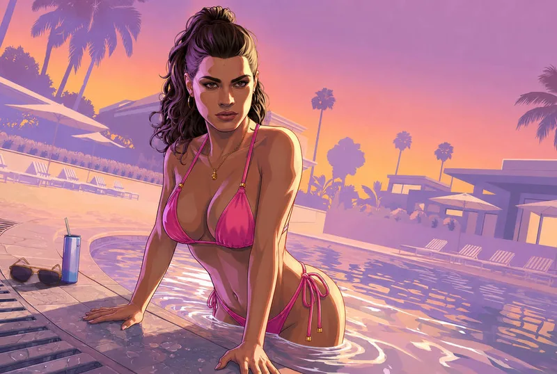 Illustration de Lucia au bord d'une piscine, ambiance Floride de GTA 6