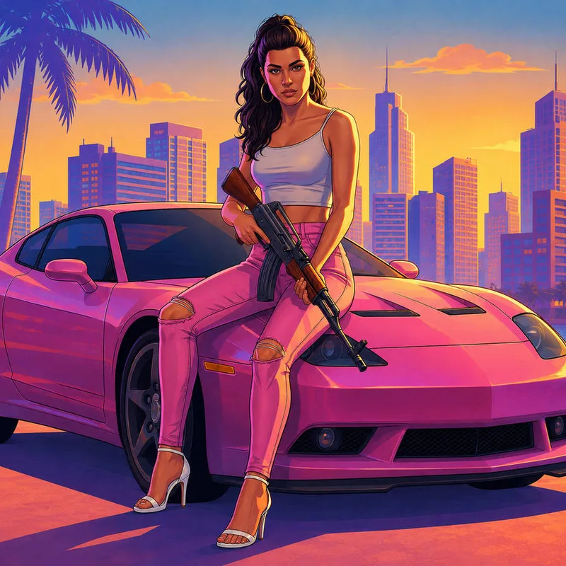 Illustration de Lucia au volant d'une voiture de sport dans GTA 6