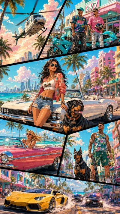 Illustration façon Vice City : plage de Miami, palmiers, voitures et poursuite