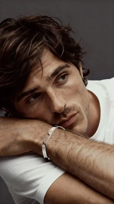 Jacob Elordi en t-shirt blanc, portrait éditorial, la tête posée sur le bras