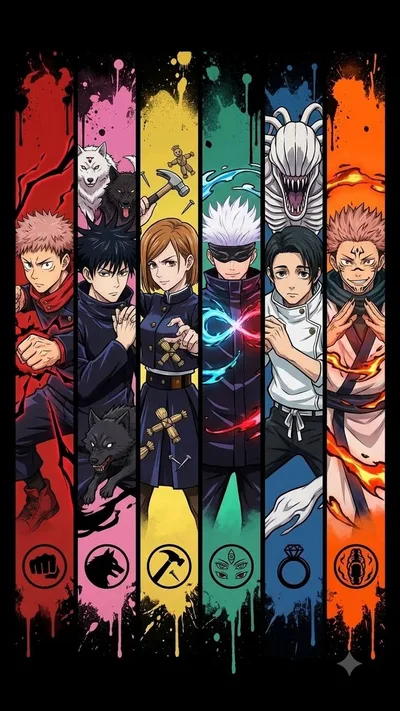 Les six personnages centraux de Jujutsu Kaisen avec leurs techniques respectives