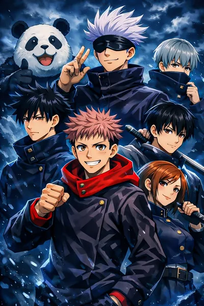 L'école de sorcellerie de Tokyo dans Jujutsu Kaisen : Yuji, Gojo, Megumi, Nobara et Panda