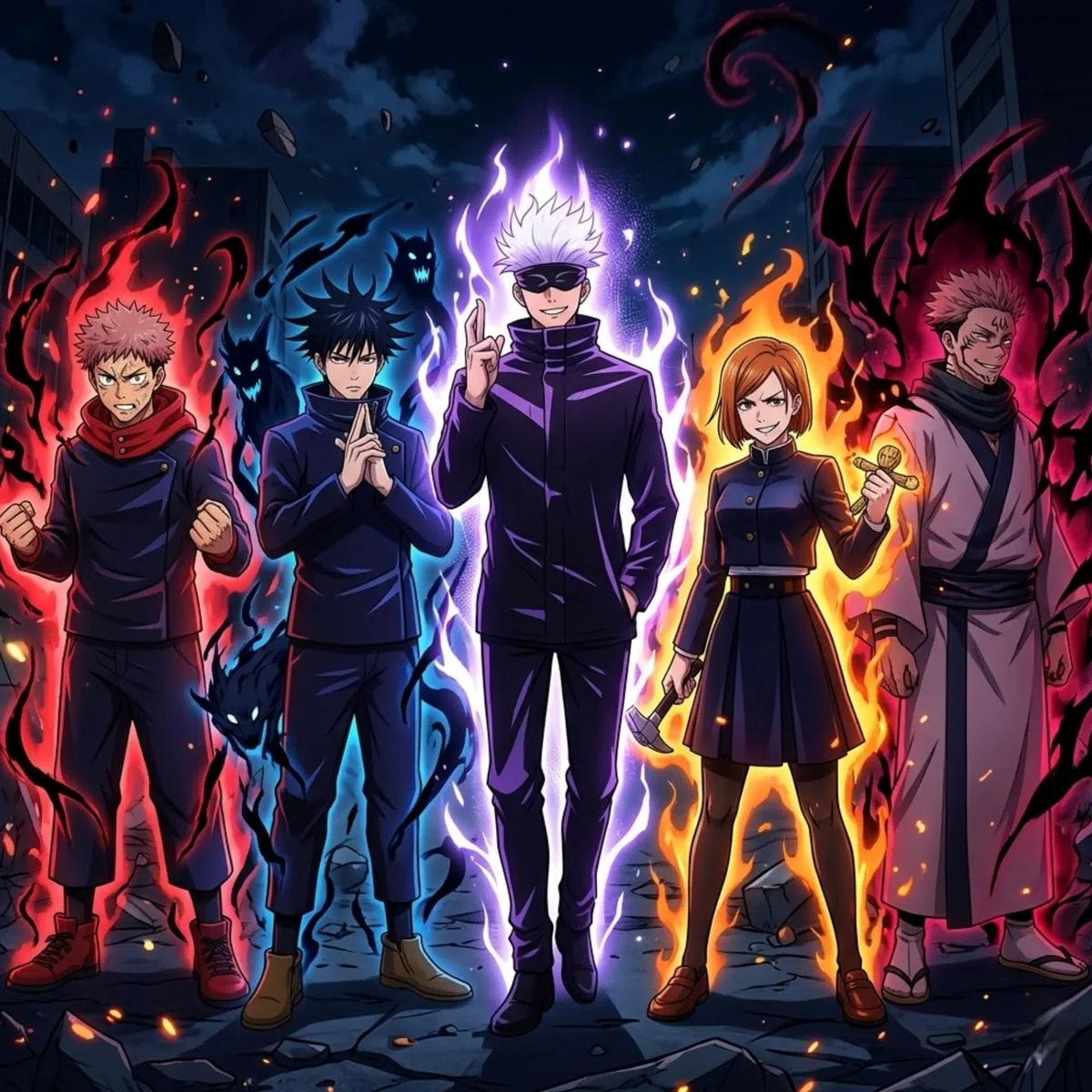 L'équipe de Jujutsu Kaisen — Yuji, Megumi, Gojo, Nobara et Sukuna, auras déployées