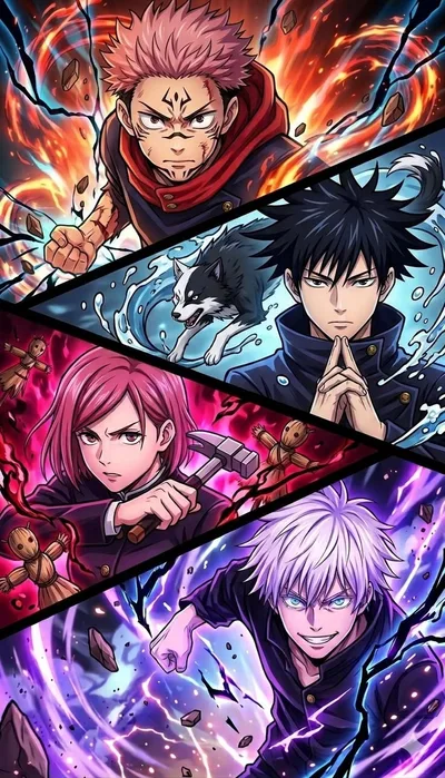 Le quatuor de Jujutsu Kaisen — Yuji, Megumi, Nobara et Gojo, techniques déployées