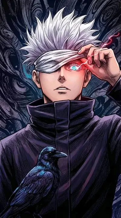 Satoru Gojo de Jujutsu Kaisen soulevant son bandeau, un corbeau à ses côtés