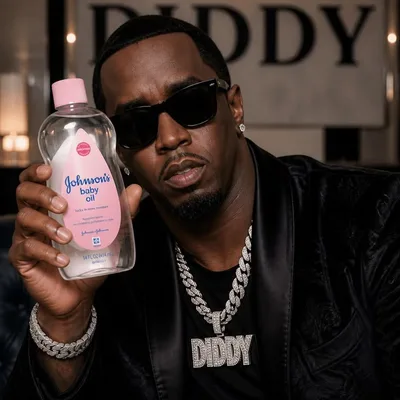 Montage satirique de Sean Combs tenant un flacon d'huile pour bébé Johnson's