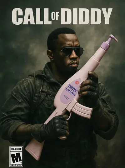 Parodie « Call of Diddy » façon jaquette de jeu vidéo avec un flacon de lotion en forme d'arme