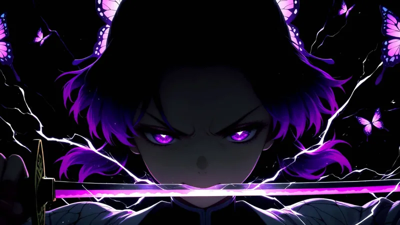 Shinobu Kocho, pilier insecte de Demon Slayer, papillons violets et lame dégainée