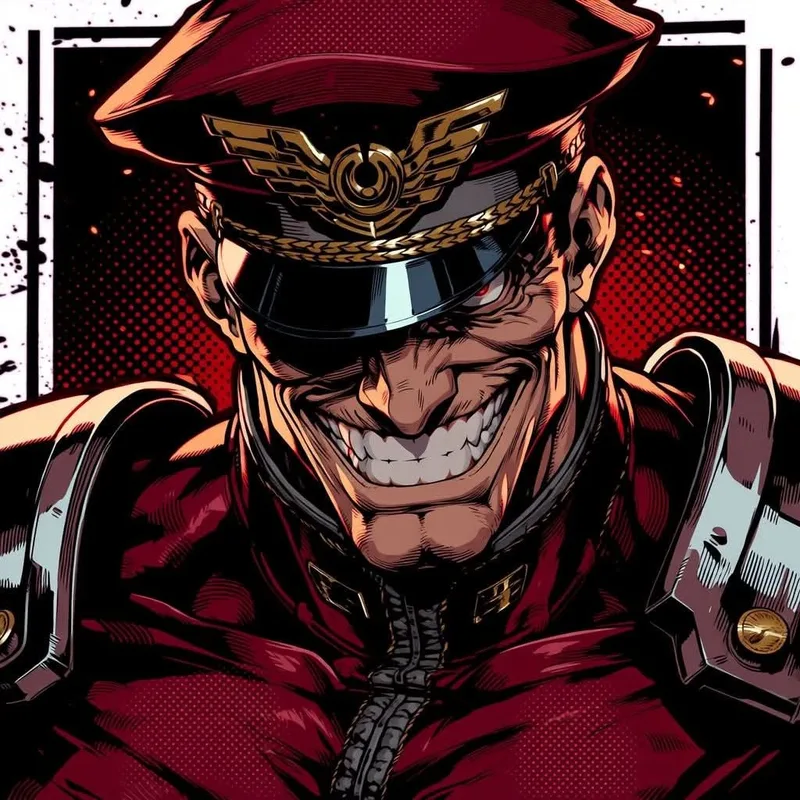 Illustration stylisée de M. Bison, casquette rouge et sourire menaçant, Street Fighter
