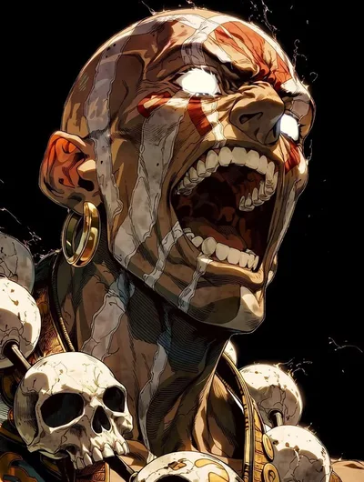 Illustration stylisée de Dhalsim hurlant, entouré de crânes, pour Street Fighter