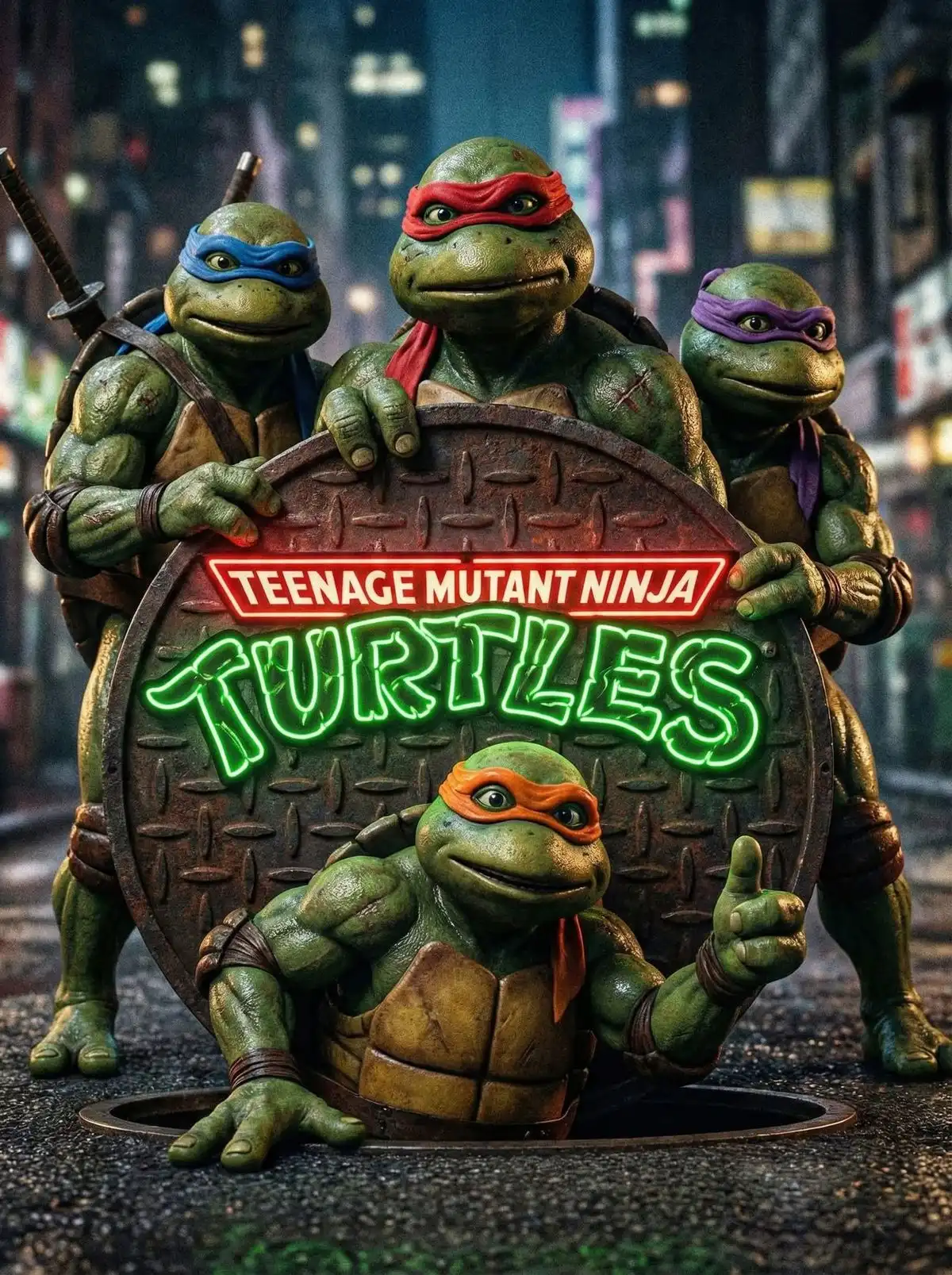 Les quatre Tortues Ninja autour d'une plaque d'égout au logo TMNT, ambiance néon