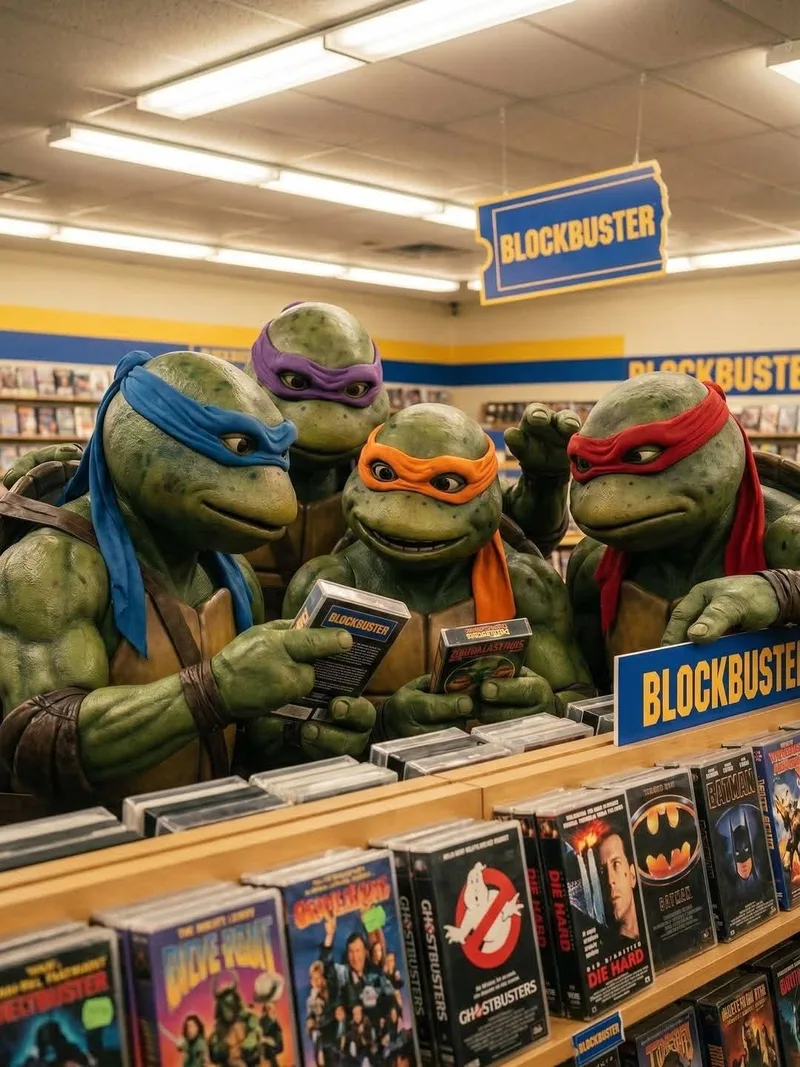 Les Tortues Ninja dans un vidéoclub Blockbuster devant des VHS des années 90